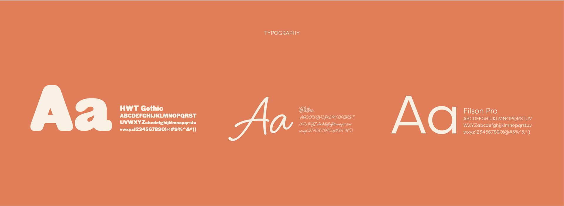 Three font styles displayed on a coral background, each showing uppercase and lowercase letters followed by descriptive text.
