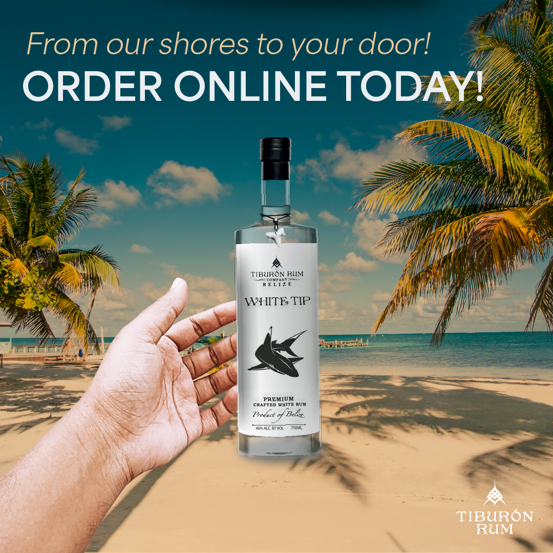 A hand holds a bottle of Thresher Gin against a beach background with palm trees and a call to order online.