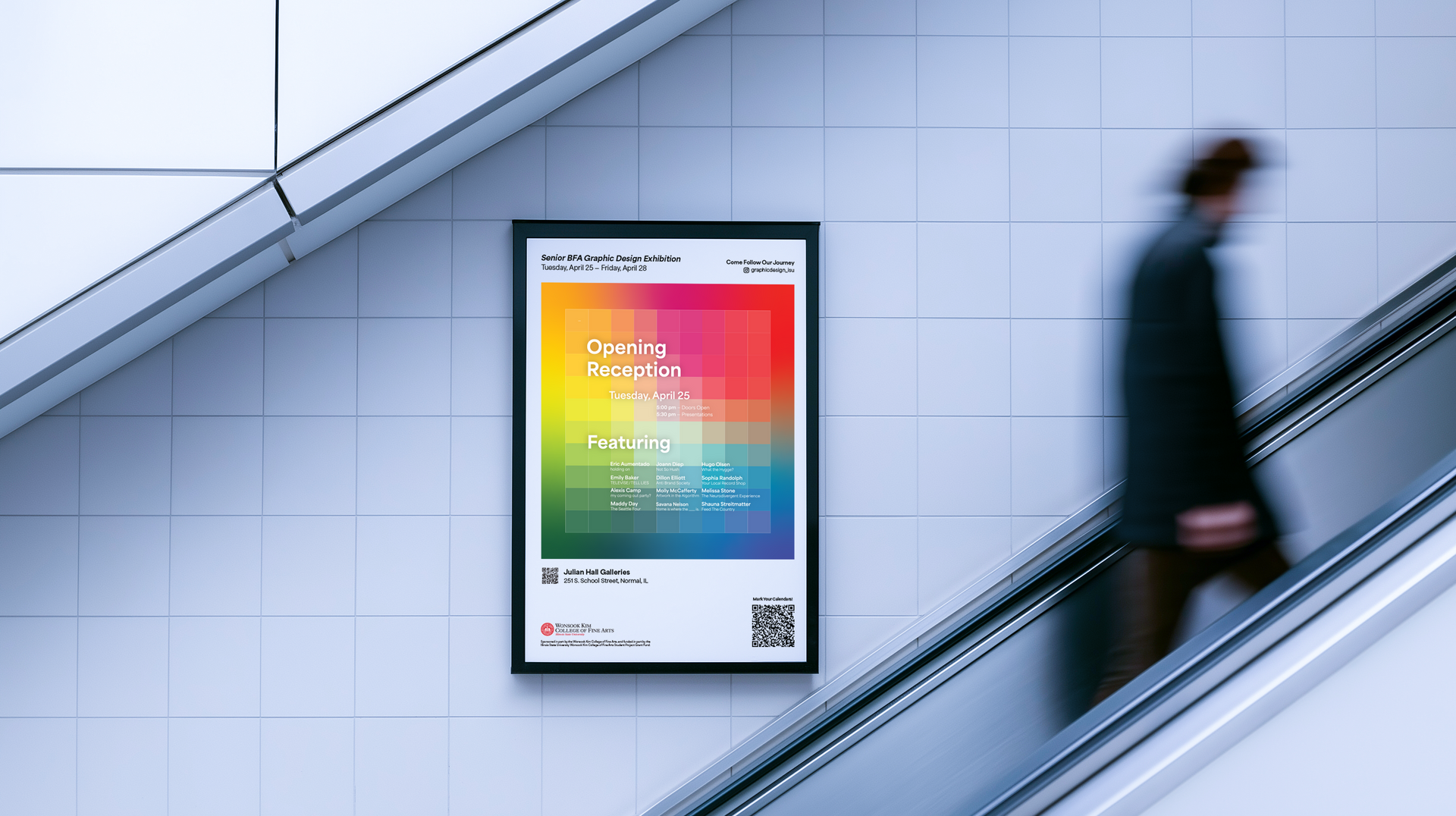 A digital poster with a rainbow-grid background hangs on a tiled wall next to an escalator as a person passes by.