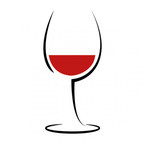 Un dessin d'un verre à vin avec du vin rouge dedans.