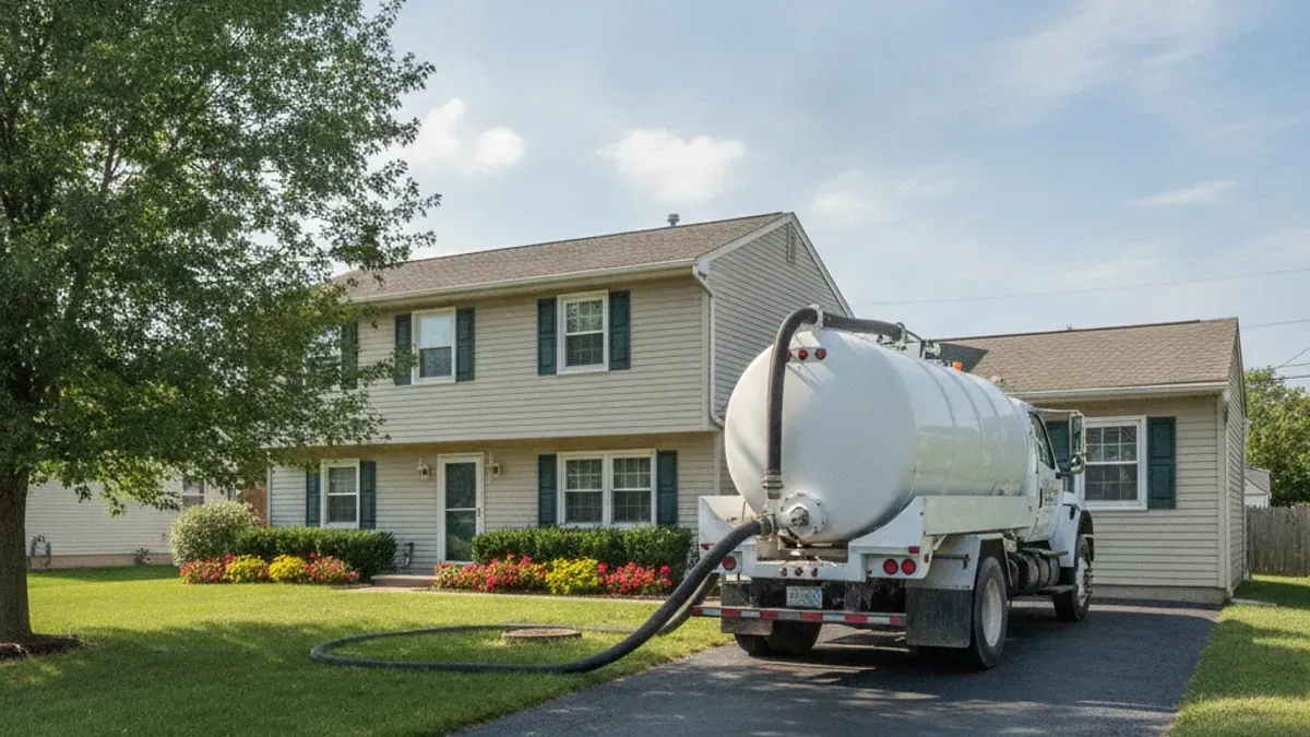 Septic tank pump out truck servicing a home in Suffolk County, New York
