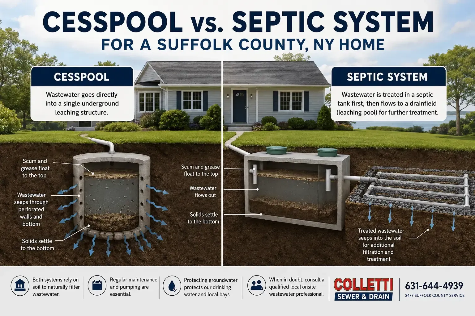 Side-by-side diagram of a cesspool and a septic system for a Suffolk County, NY home.