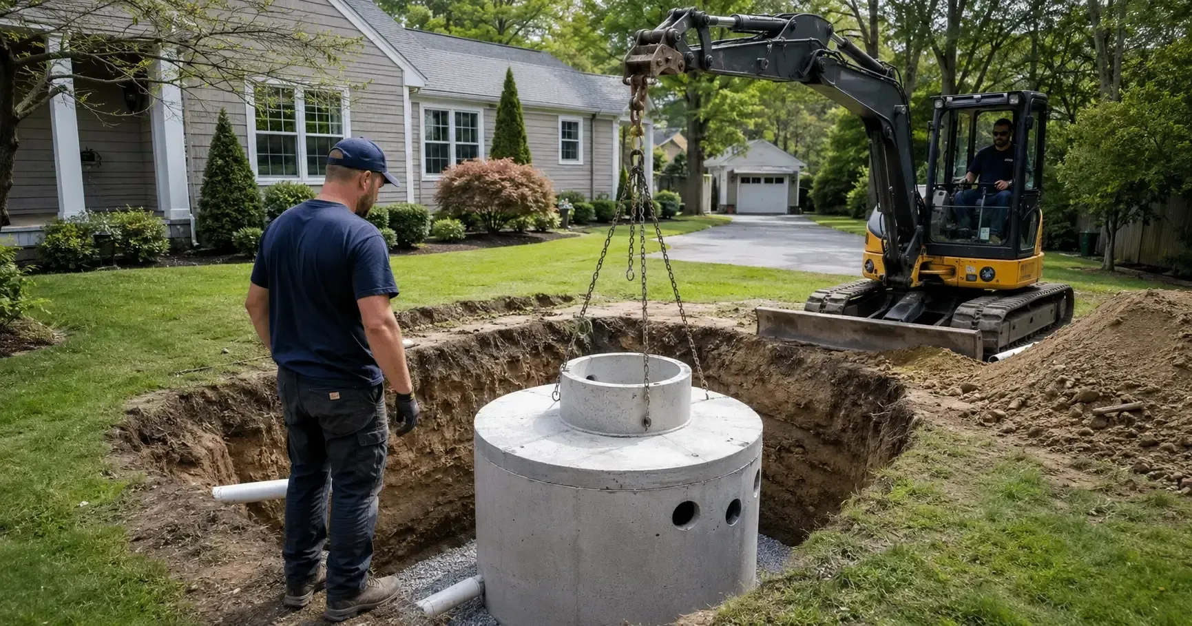 Colletti Sewer & Drain new cesspool installation in Suffolk County NY with excavation and precast ta