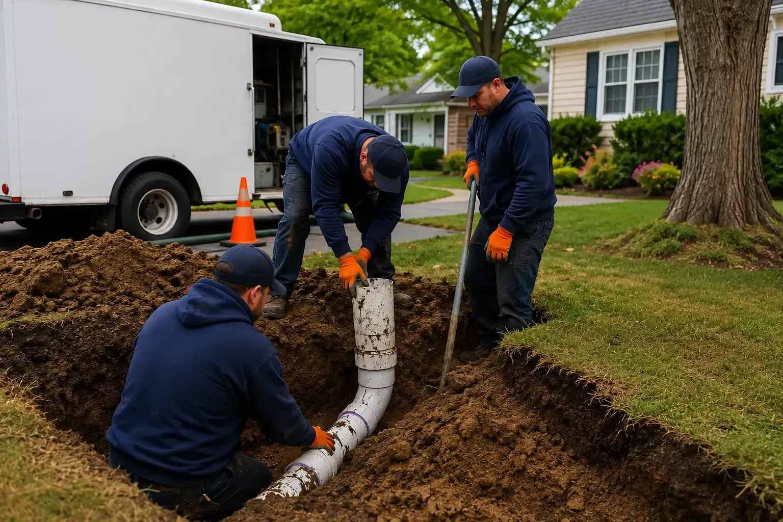Sewer line repair crew performing residential sewer lateral repair in Suffolk County NY
