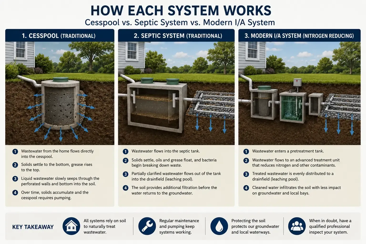 Comparison diagram showing how a cesspool, a septic system, and a modern I/A system work in Suffolk County NY