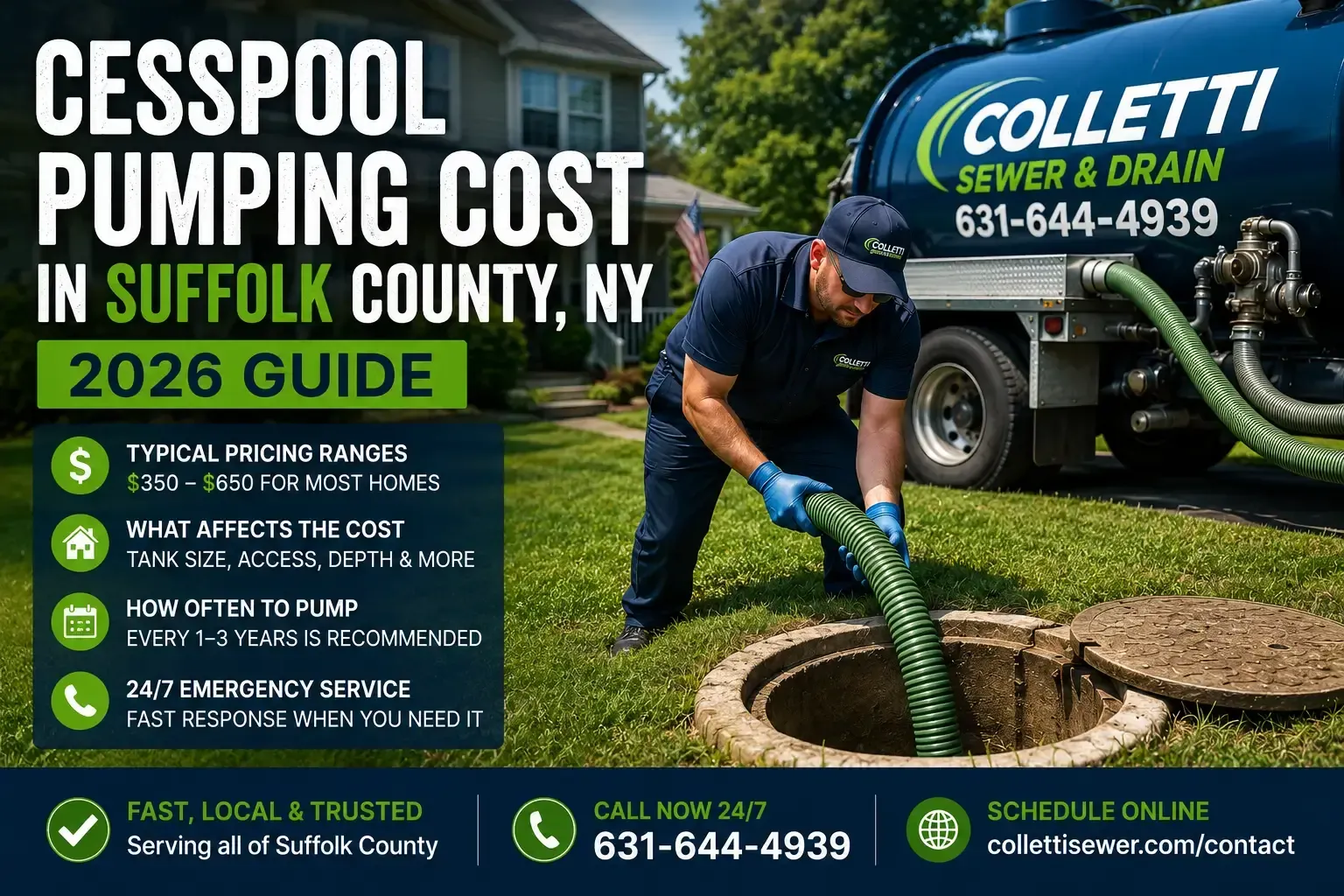 Colletti Sewer & Drain technician pumping a residential cesspool in Suffolk County, NY