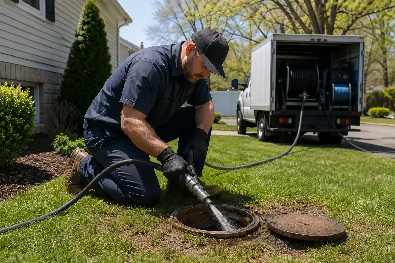 Technician hydro jetting a clogged drain line at a Suffolk County, NY home.