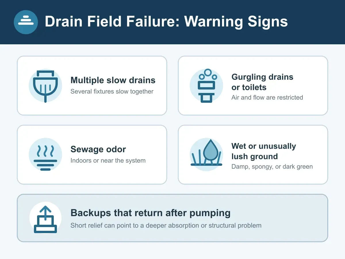 Chart of five drain field failure warning signs: multiple slow drains, gurgling drains or toilets, sewage odor, wet or unusually lush ground, and backups that return after pumping