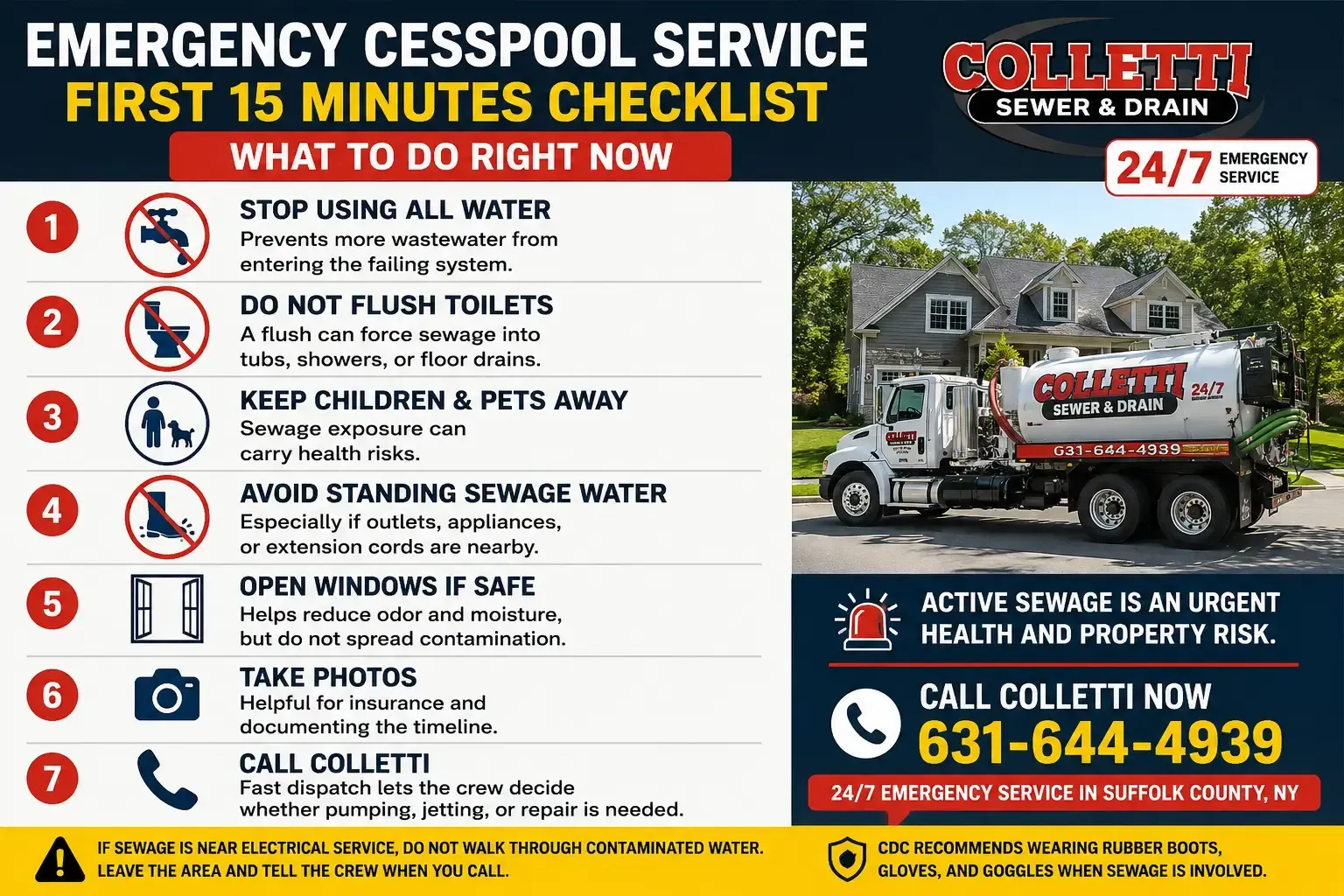 Emergency cesspool service first 15 minutes checklist from Colletti Sewer & Drain: stop all water use, do not flush toilets, keep children and pets away, avoid standing sewage water, open windows if safe, take photos, and call 631-644-4939 in Suffolk County NY