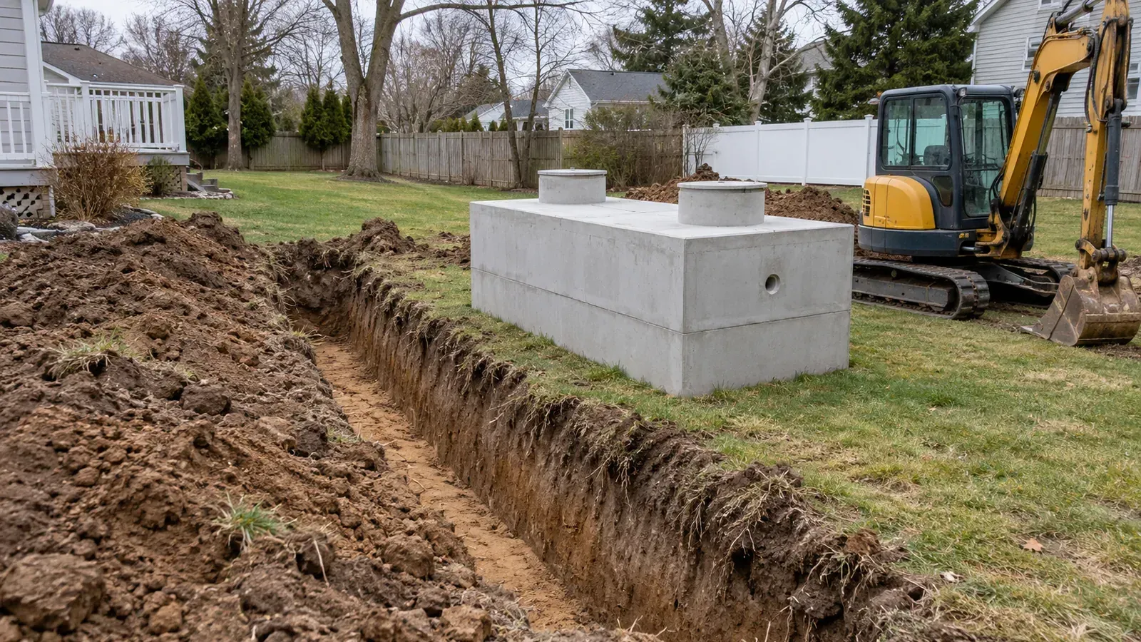 Excavated suburban backyard with a new precast septic tank waiting beside the trench
