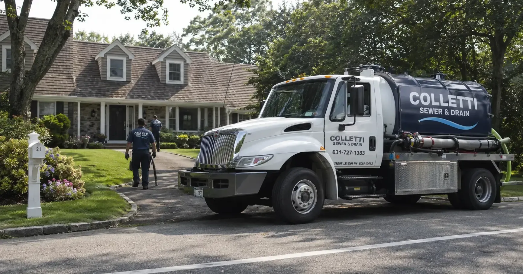 Colletti Sewer & Drain emergency cesspool service truck responding to a Suffolk County NY home
