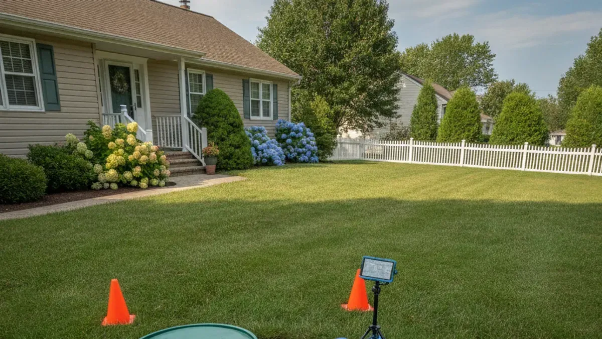 Technician inspecting an open septic tank access lid at a Suffolk County home before a sale