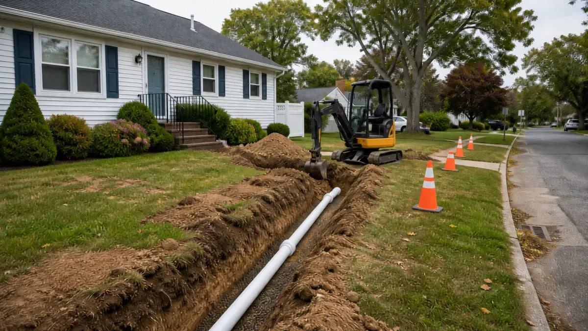 Crew installing a sewer lateral from a Suffolk County home to the street main