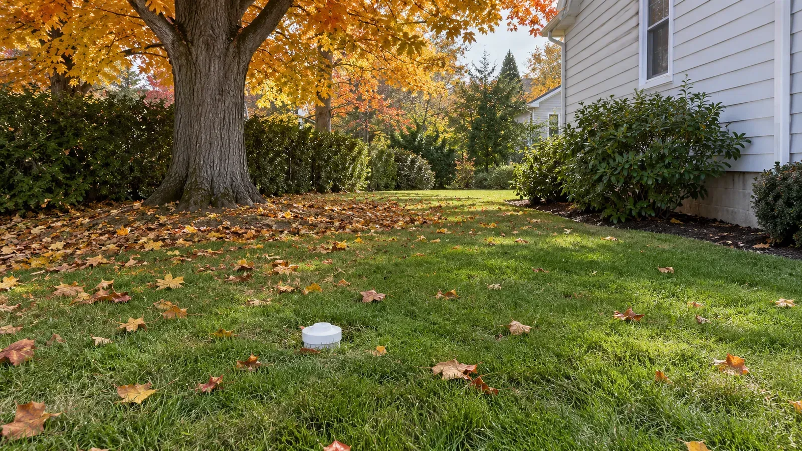 Mature tree beside a suburban lawn with grass planted over a buried sewer line