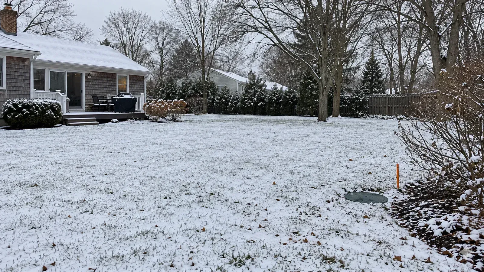 Snow-covered suburban backyard with a marked septic access lid