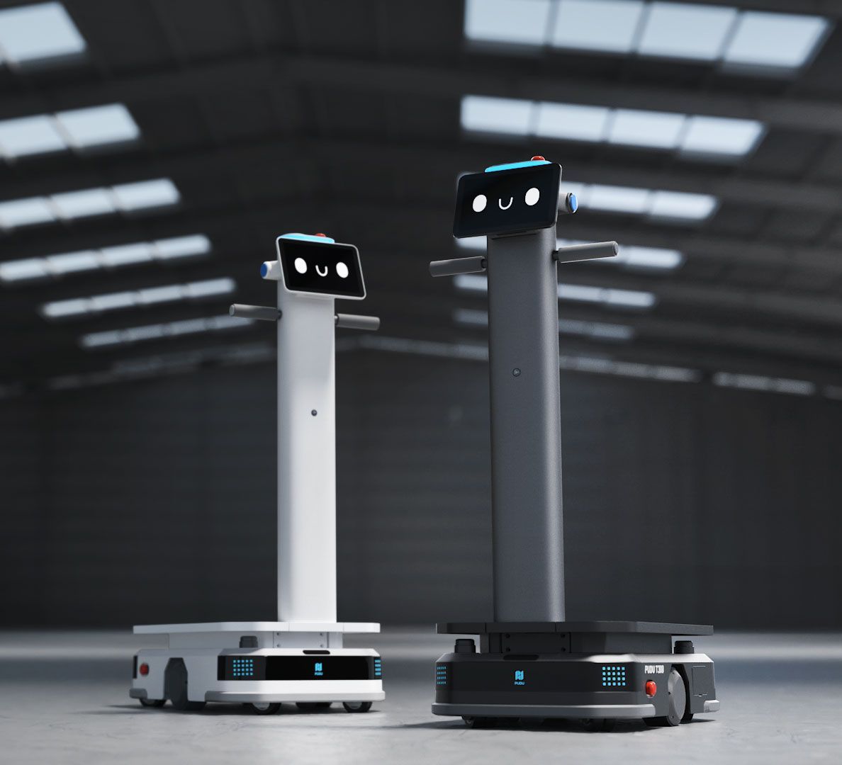 A service robot with a digital screen face stands in a restaurant beside a person walking in the background.