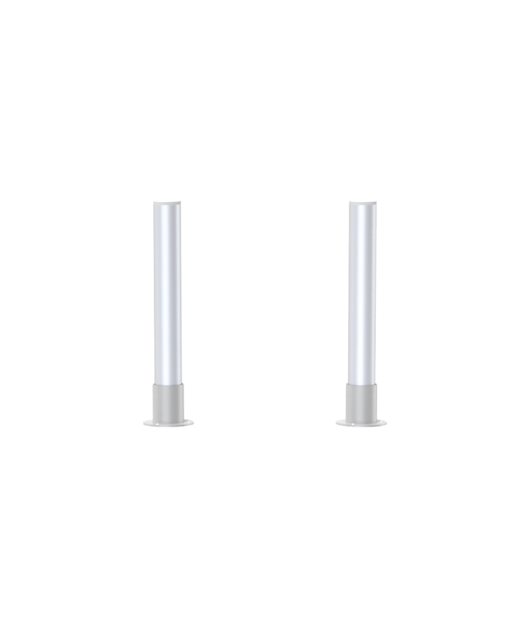 Two clear acrylic posts with gray bases on a white background