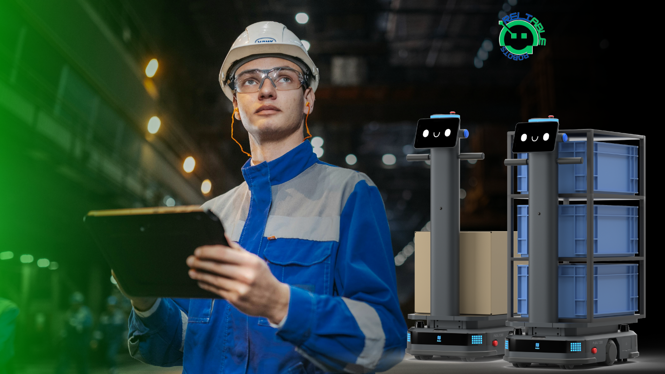 Worker in blue uniform and hard hat using a tablet beside industrial machinery in a factory.