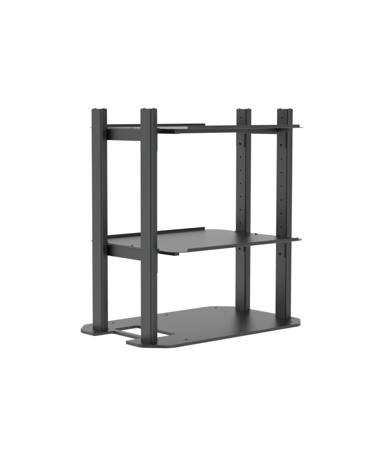 Dark gray metal TV stand with three shelves on a white background