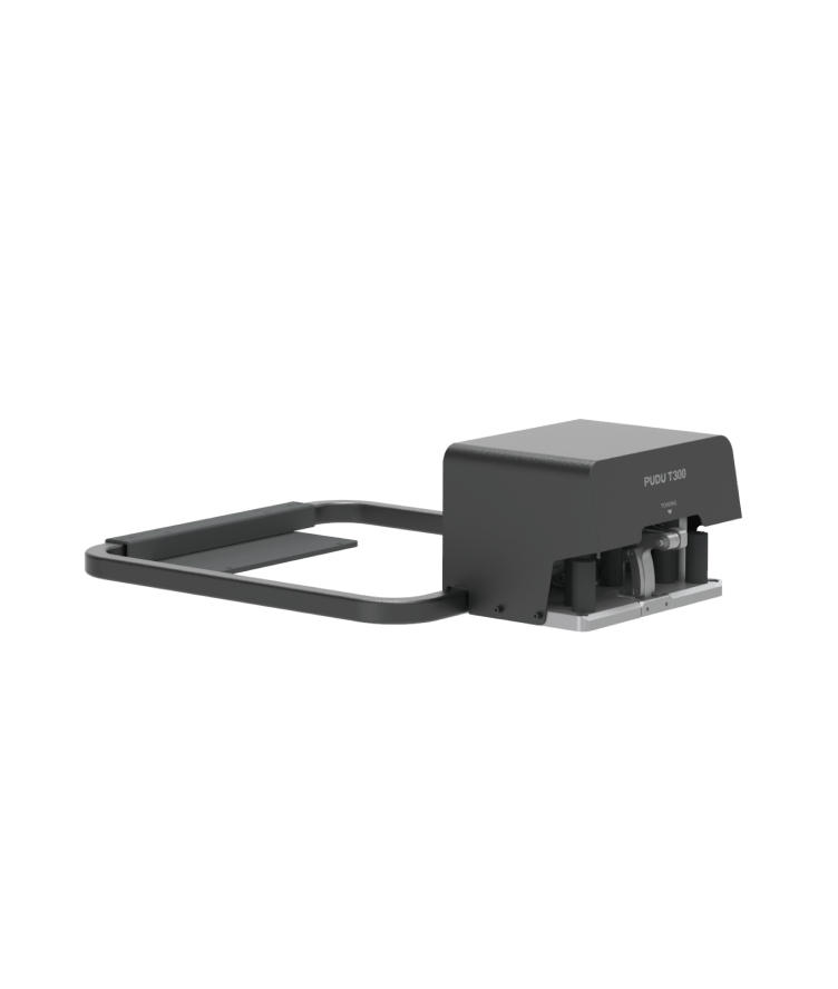 Black electronic device with a hinged arm and small display on a white background