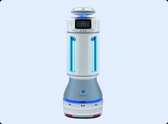 A white and blue disinfection robot with UV lights for sanitization.