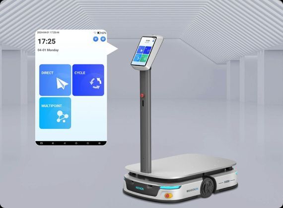A white and gray robotic cart with a screen showing app options, next to a floating phone screen.