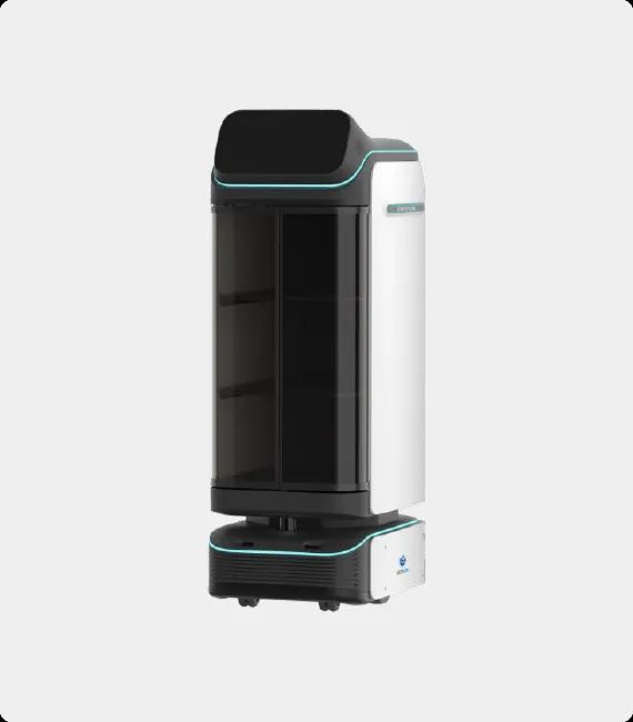White and black delivery robot with shelves, on a light gray background.