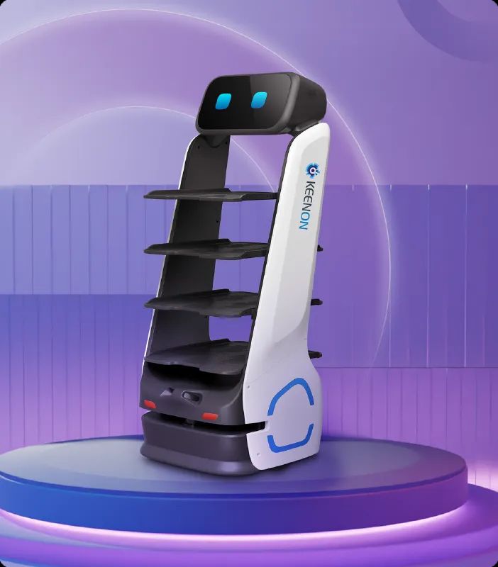 Black-and-white delivery robot with blue lights on a purple display platform