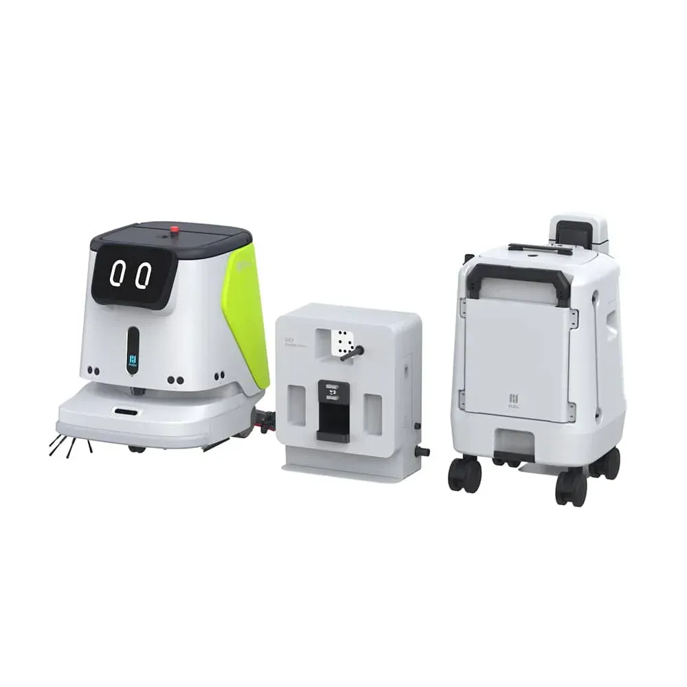 Three compact white service robots, two with wheels and one stationary docking unit, shown on a white background