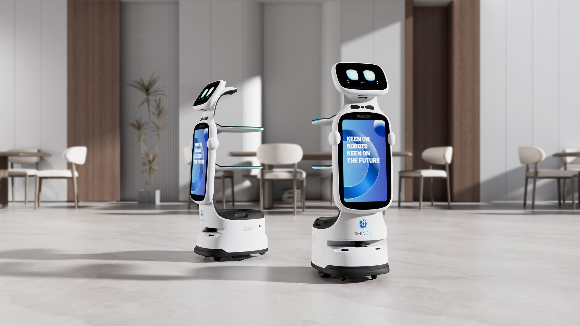 Robot carrying packages in an elevator. The robot is silver and blue with boxes on its shelves. Bright interior.