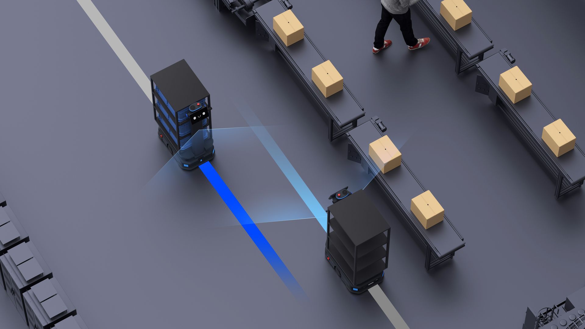 Warehouse robots moving boxes on conveyor lanes, with a person walking among them.