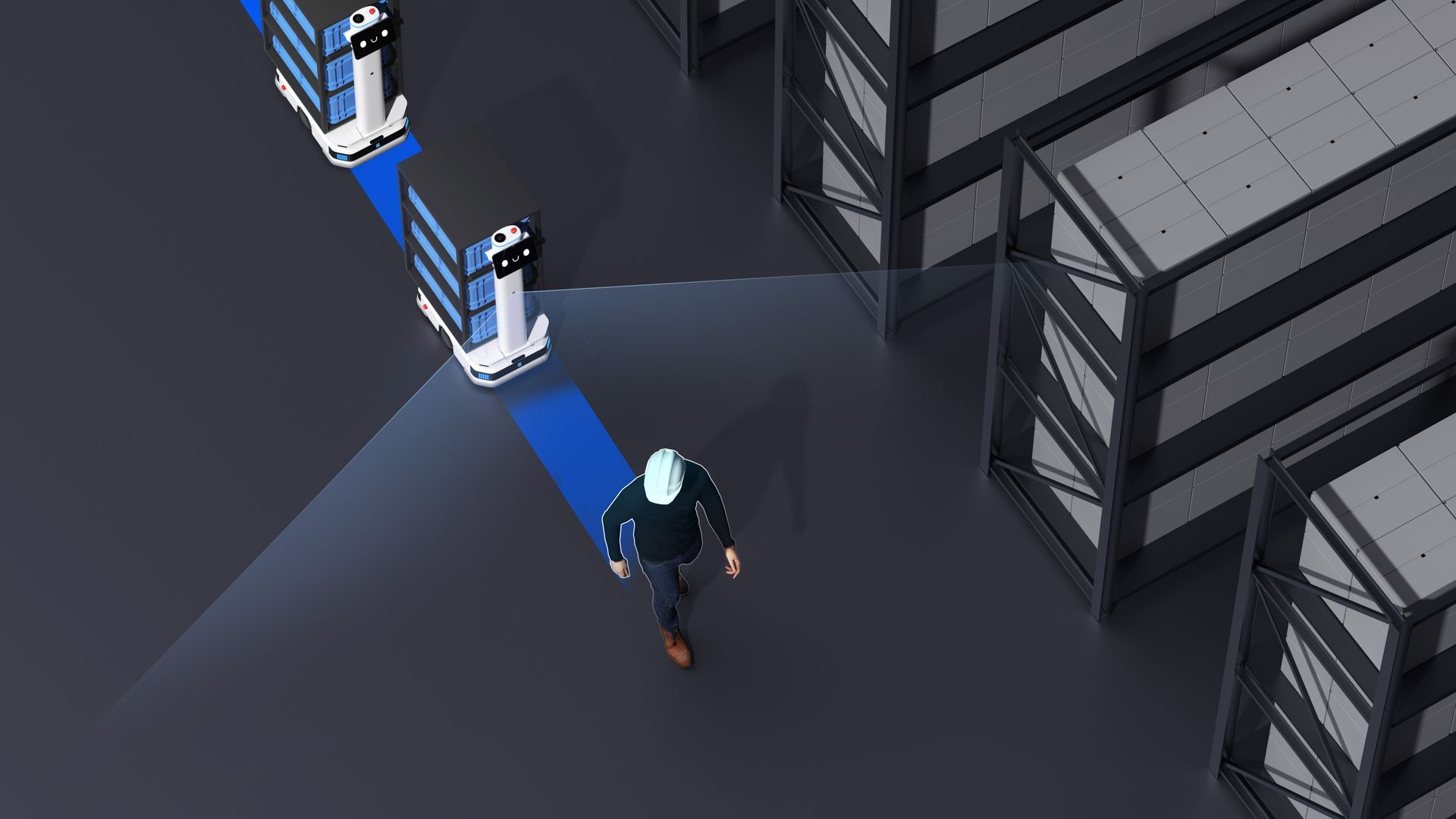 Robot carrying two stacked cardboard boxes on a dark reflective surface.