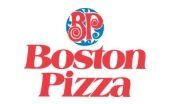 Boston Pizza logo in red with a blue and red circular emblem above the text.