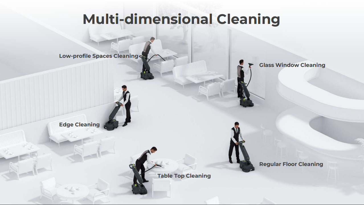 Multi-dimensional cleaning illustration with workers cleaning windows, corners, furniture, and floors in a white room