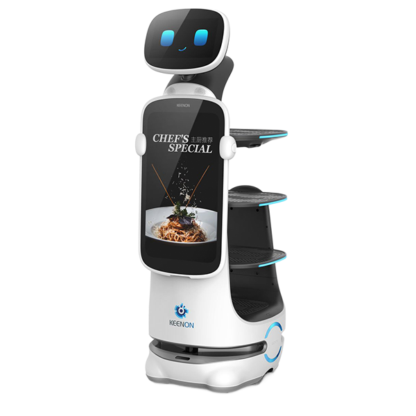 White robot chef kiosk with digital screen and trays, shown in a studio setting