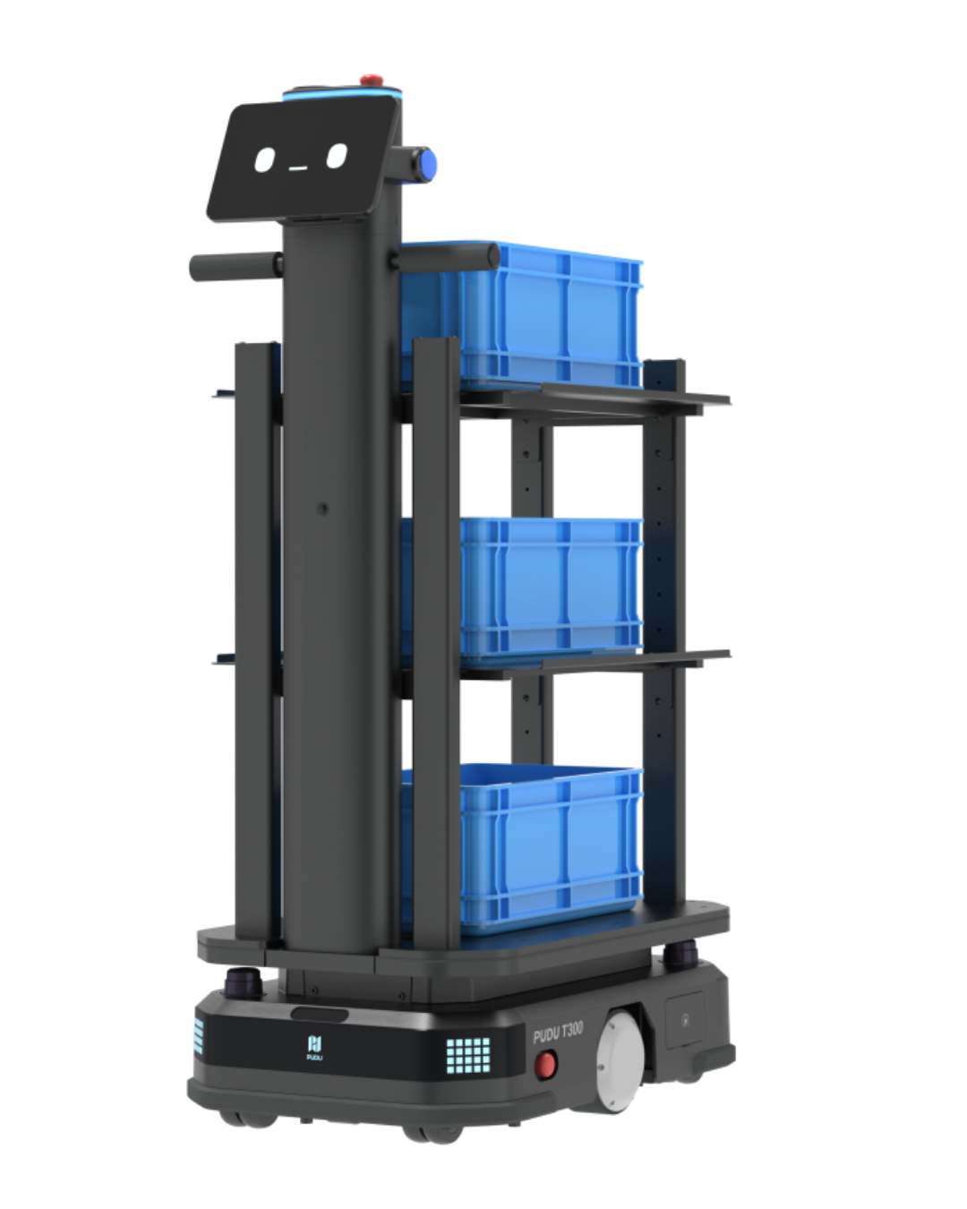 Automated warehouse robot carrying blue crates on shelves