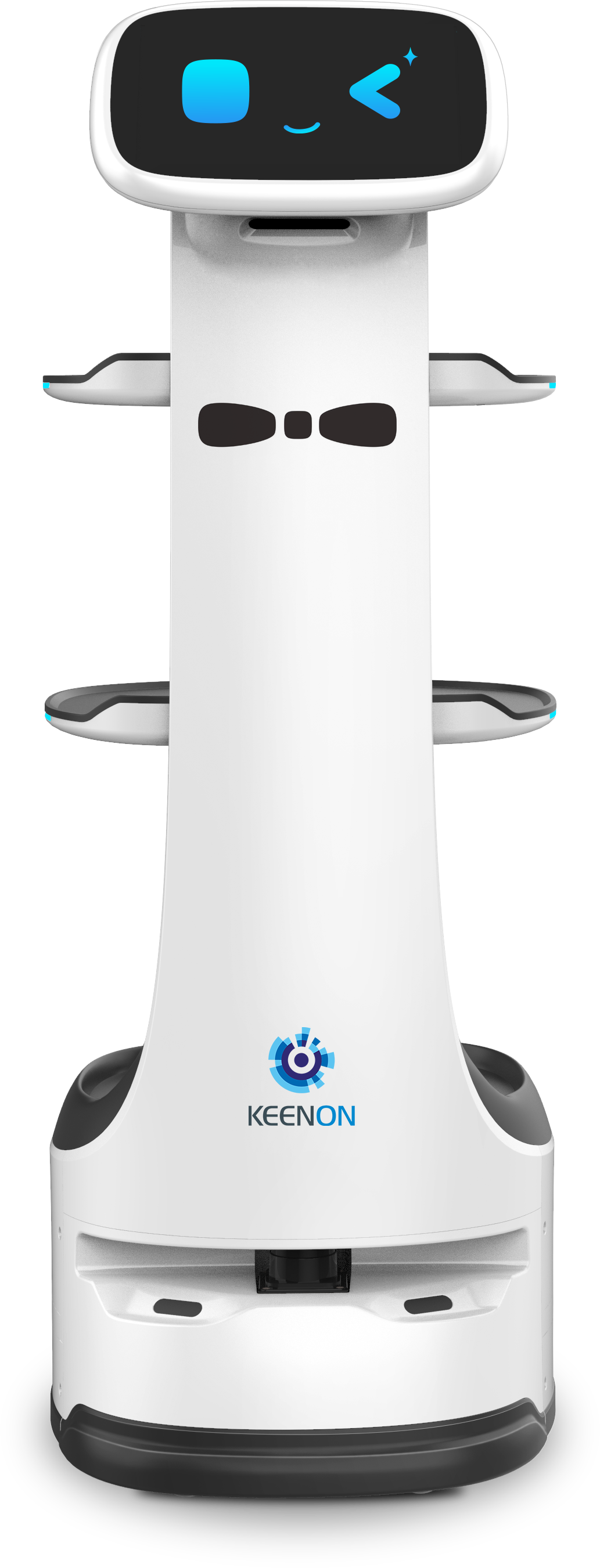 White delivery robot with a black display face and blue lights, standing upright on a white base with side shelves