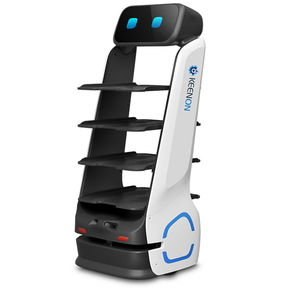 White service robot with shelves, black head, blue lights, and blue accents on a white background