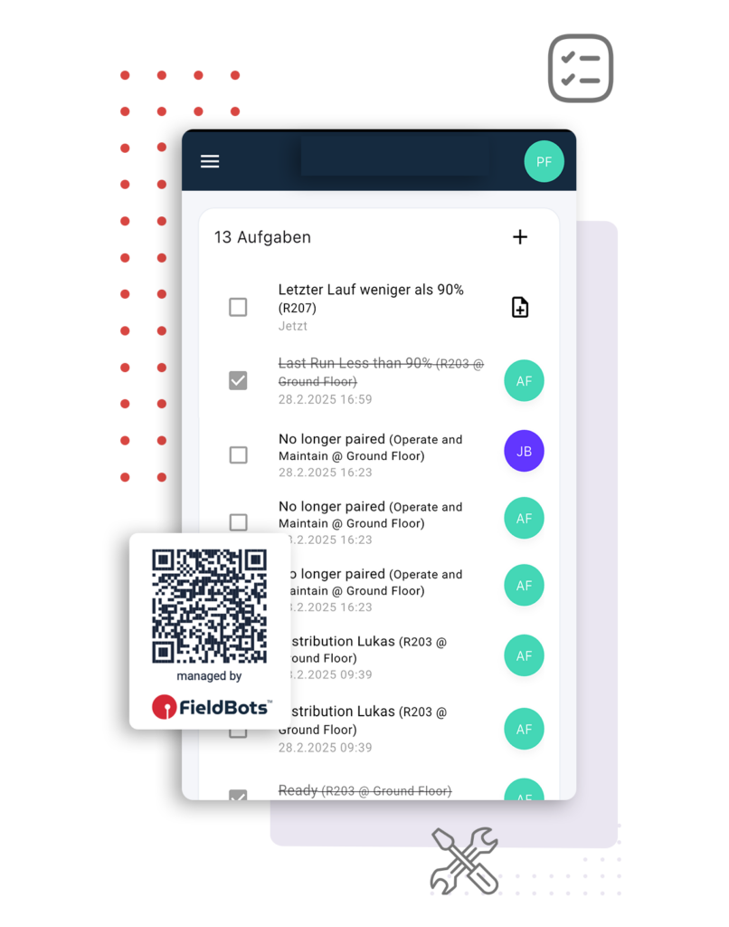 Mobile app mockup with task list, QR code, and teal action buttons on a white background