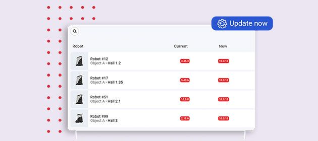 Software update dashboard with app list, red status badges, and blue “Update now” button