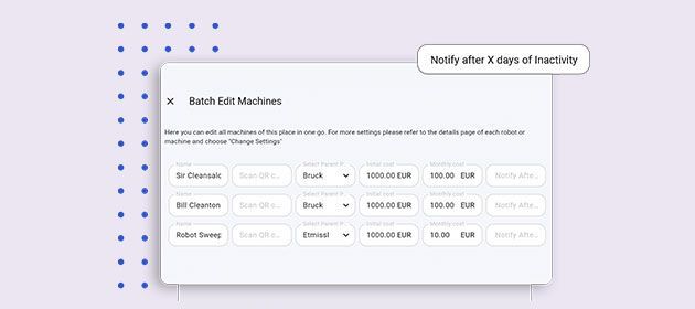 White dashboard card with a batch list and status tags on a light purple background with blue dot accents