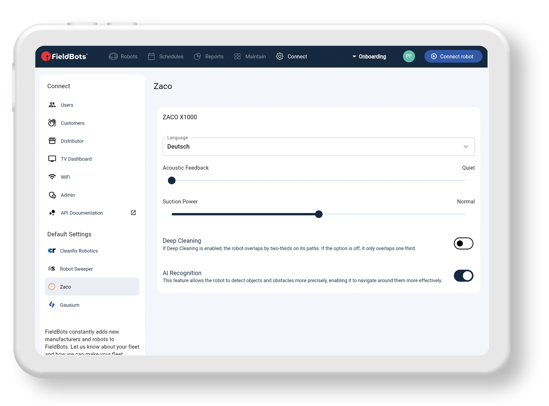 A web app settings page with sidebar navigation, sliders, and toggle switches on a white dashboard.