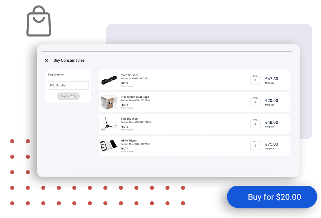 Shopping cart UI mockup with product list on a white card and a blue