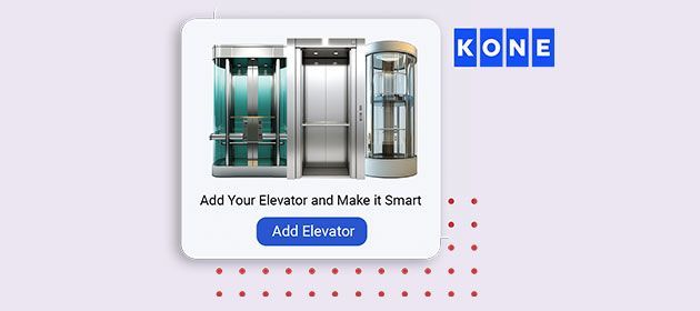 KONE elevator ad with a building model and “Add Elevator” button on a white background