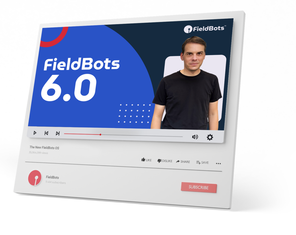 FieldBots 6.0 dashboard with a man portrait on a blue and white interface