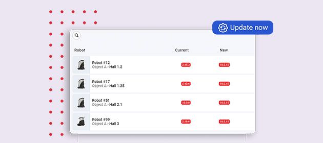 Software update dashboard with a file list, status columns, and a blue “Update now” button