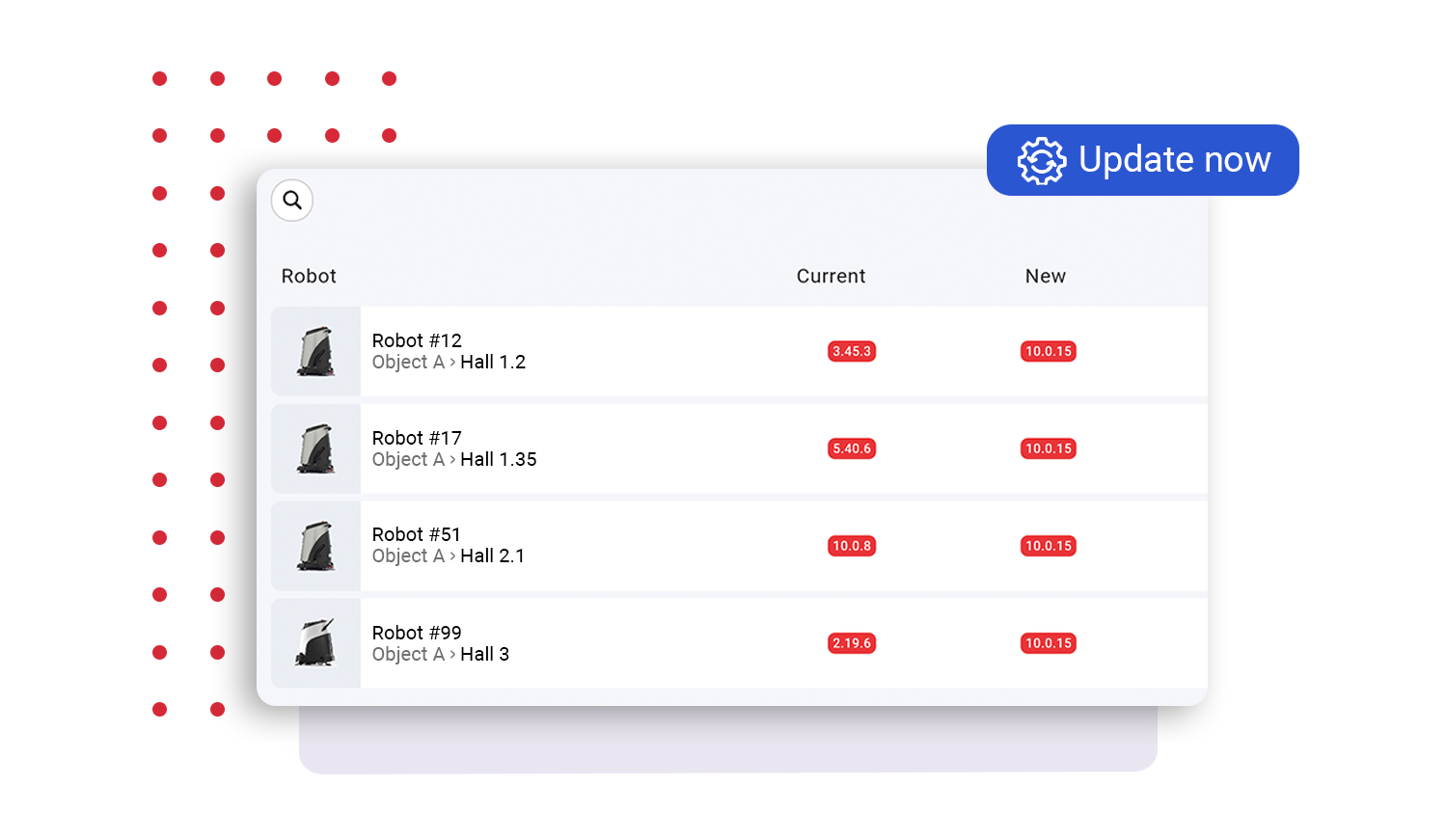 White web dashboard with a user list table and a blue “Update now” button in the top right.