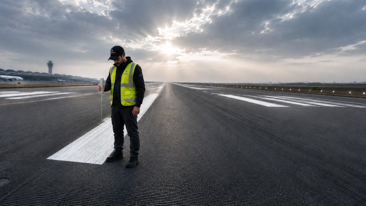 Worker in a high-visibility vest stands on a wet airport runway under a cloudy sky.