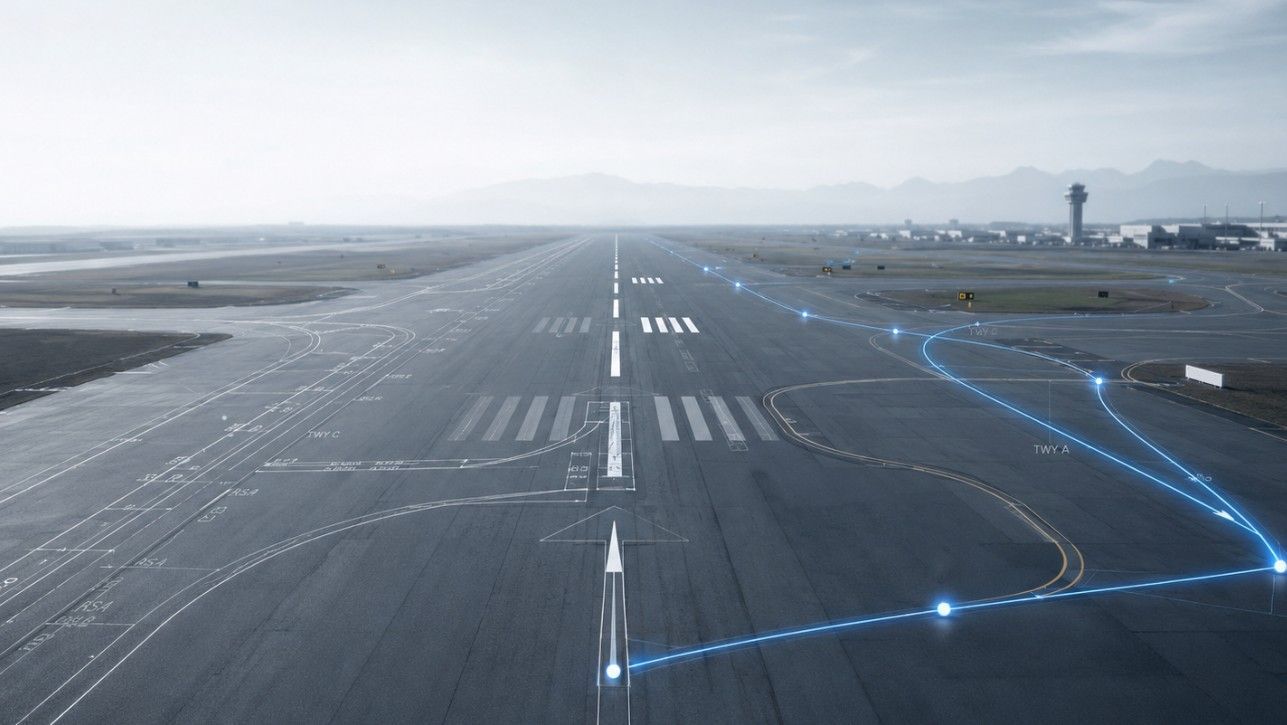 Empty runway at a foggy airport, with blue glowing route lines across the pavement