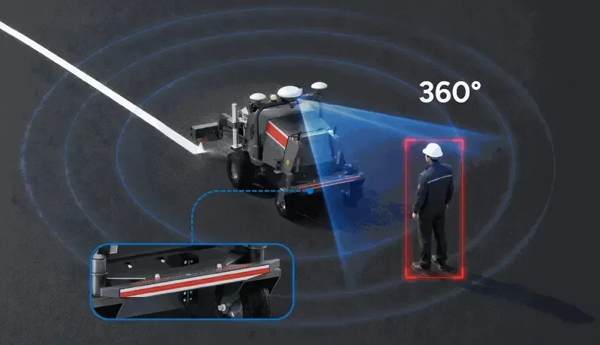 360° warehouse robot scanning a worker, with a red-highlighted view area and camera inset